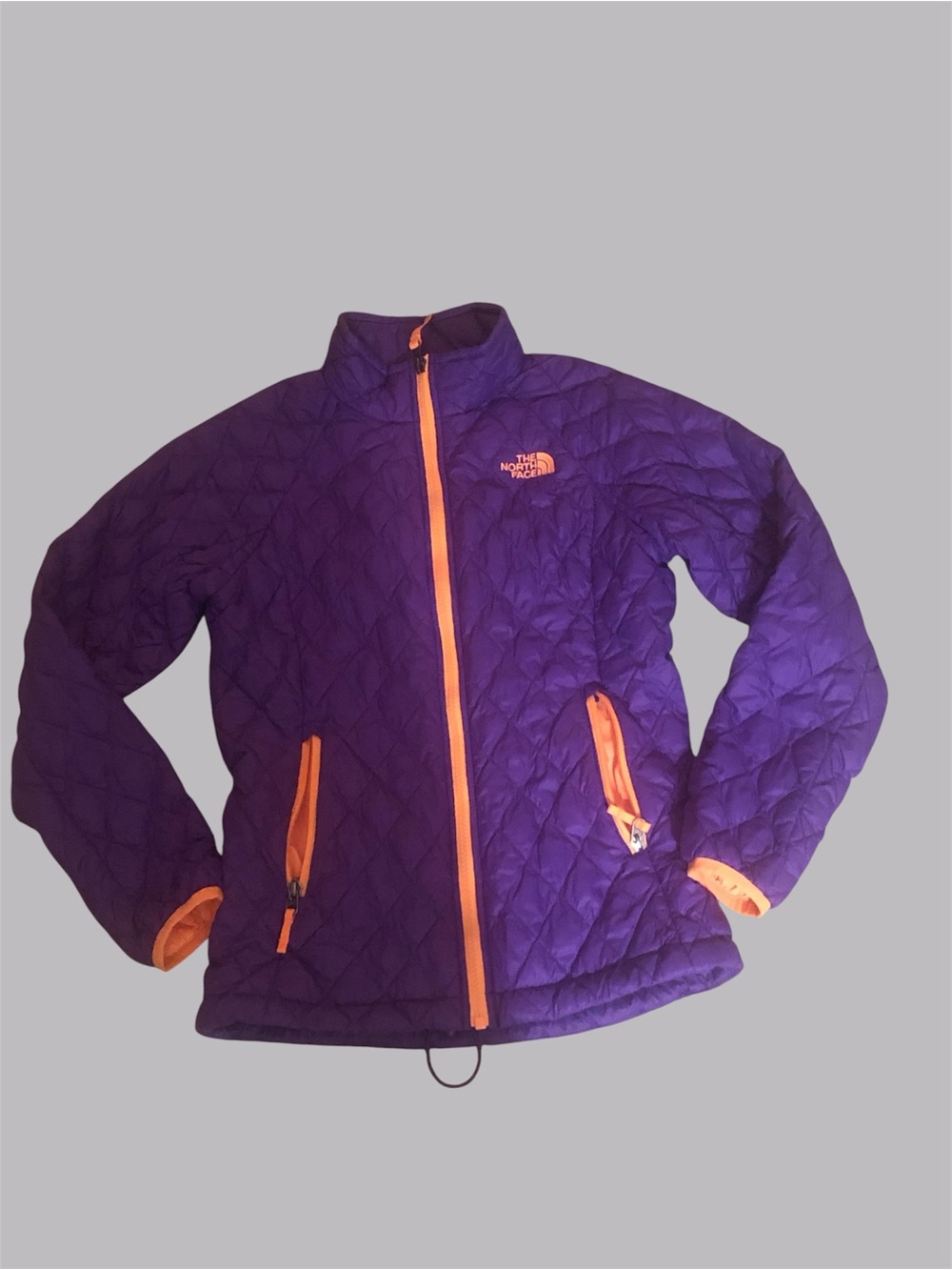 The North Face Purple Quilted Puffer Jacket with Orange Accents